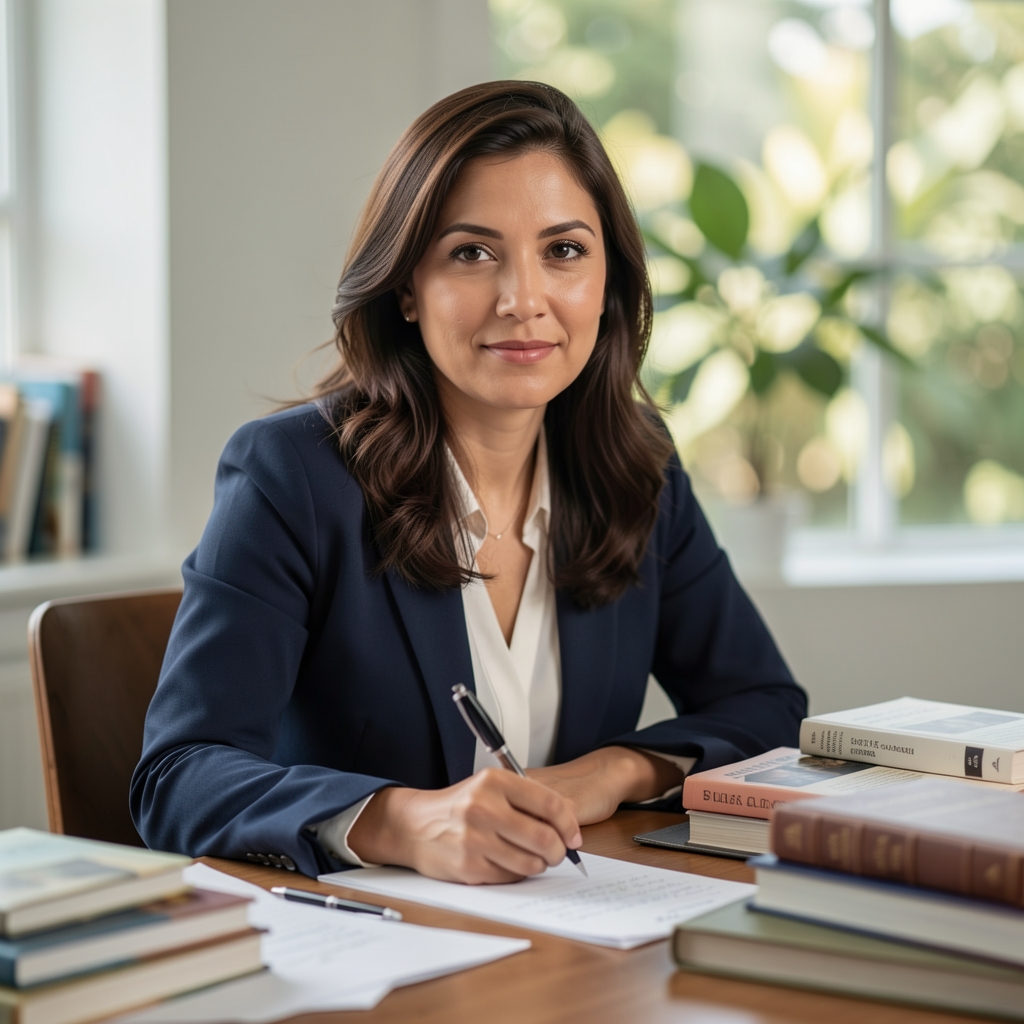 Professional portrait of a woman at a writing desk surrounded by books and notes, natural daylight, editorial setting