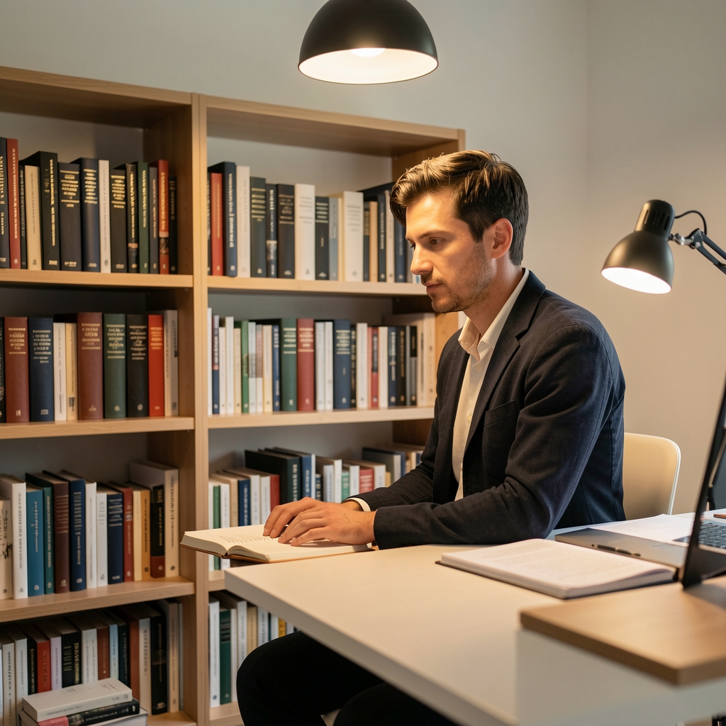 Man at a standing desk in a minimal workspace with shelves of reference books, warm overhead light, focused expression