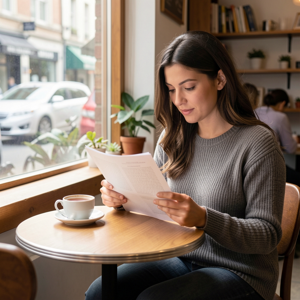 Woman reading a printed article at a small cafe table with a cup of tea, daylight, relaxed editorial atmosphere