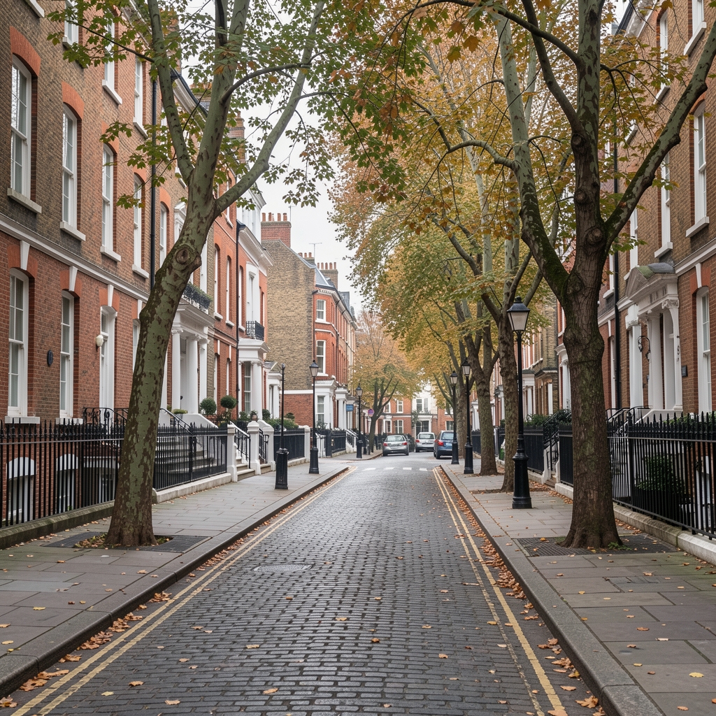 Bloomsbury street in London on a grey autumn morning, brick buildings and leafy plane trees, quiet pavement