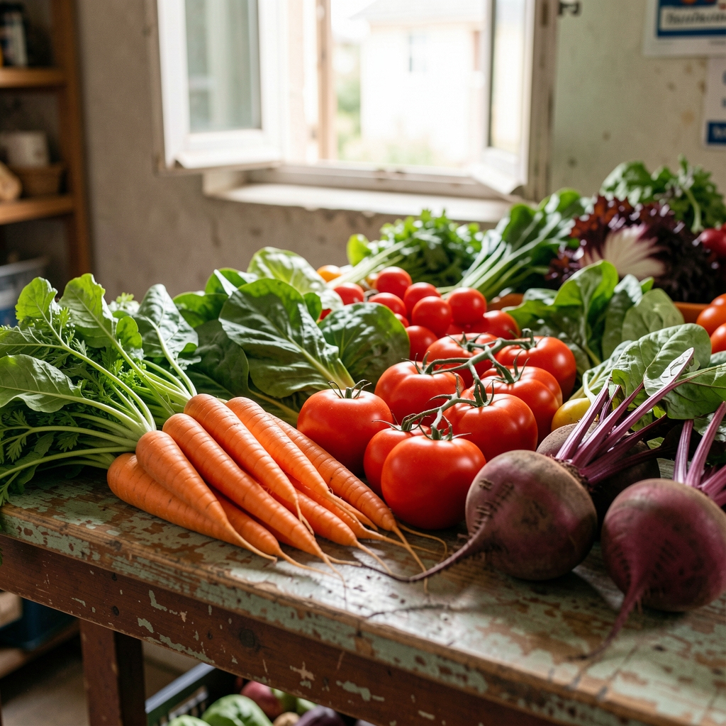 Assorted colourful vegetables — leafy greens, carrots, tomatoes and beetroot — arranged on a weathered market table with soft daylight from an open window