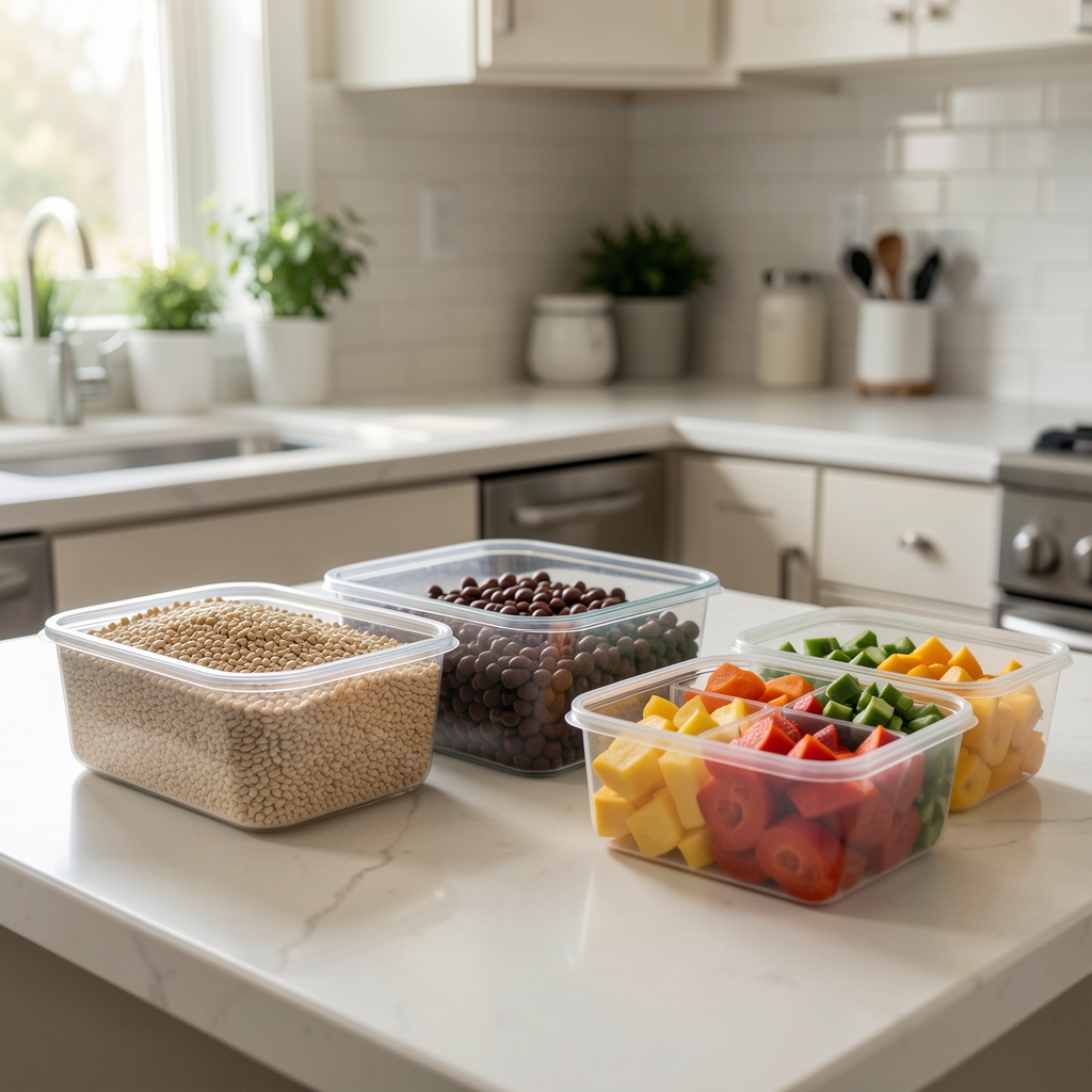 Clean kitchen counter with meal-prep containers of grains, legumes and chopped vegetables laid out in natural morning light ready for weekly food preparation