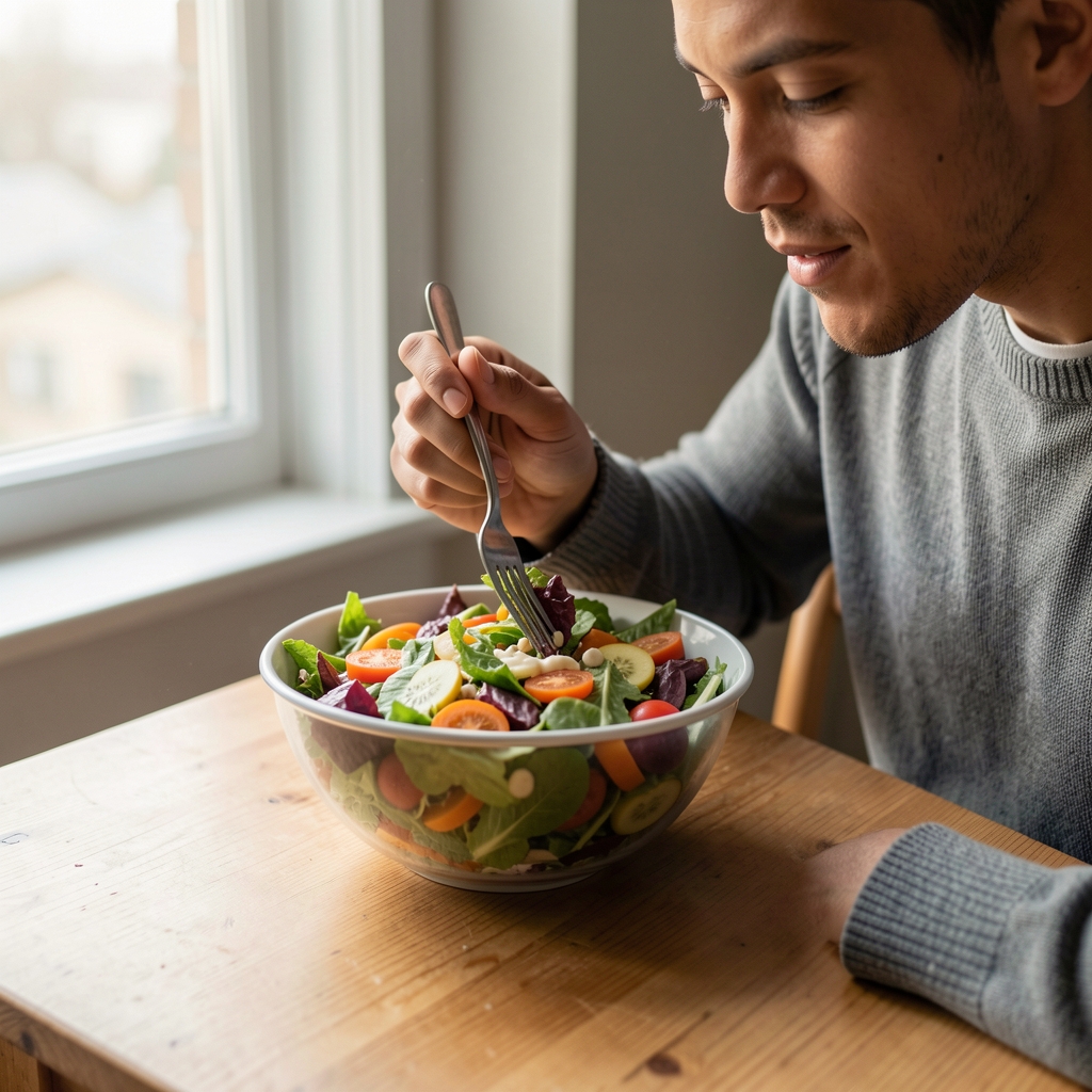 Person eating a large colourful salad bowl with fork in hand at a simple wooden table beside a window with soft diffused afternoon light