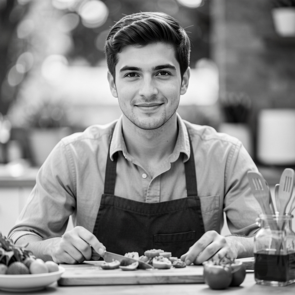 Black and white editorial portrait of Tobias Ashcroft, food writer and guest contributor, at a kitchen worktop with ingredients visible in soft natural light