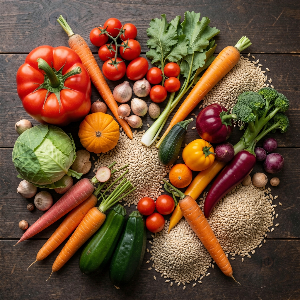 Colourful array of seasonal vegetables and whole grains arranged on a dark wooden surface in natural daylight, shot from above with careful editorial composition