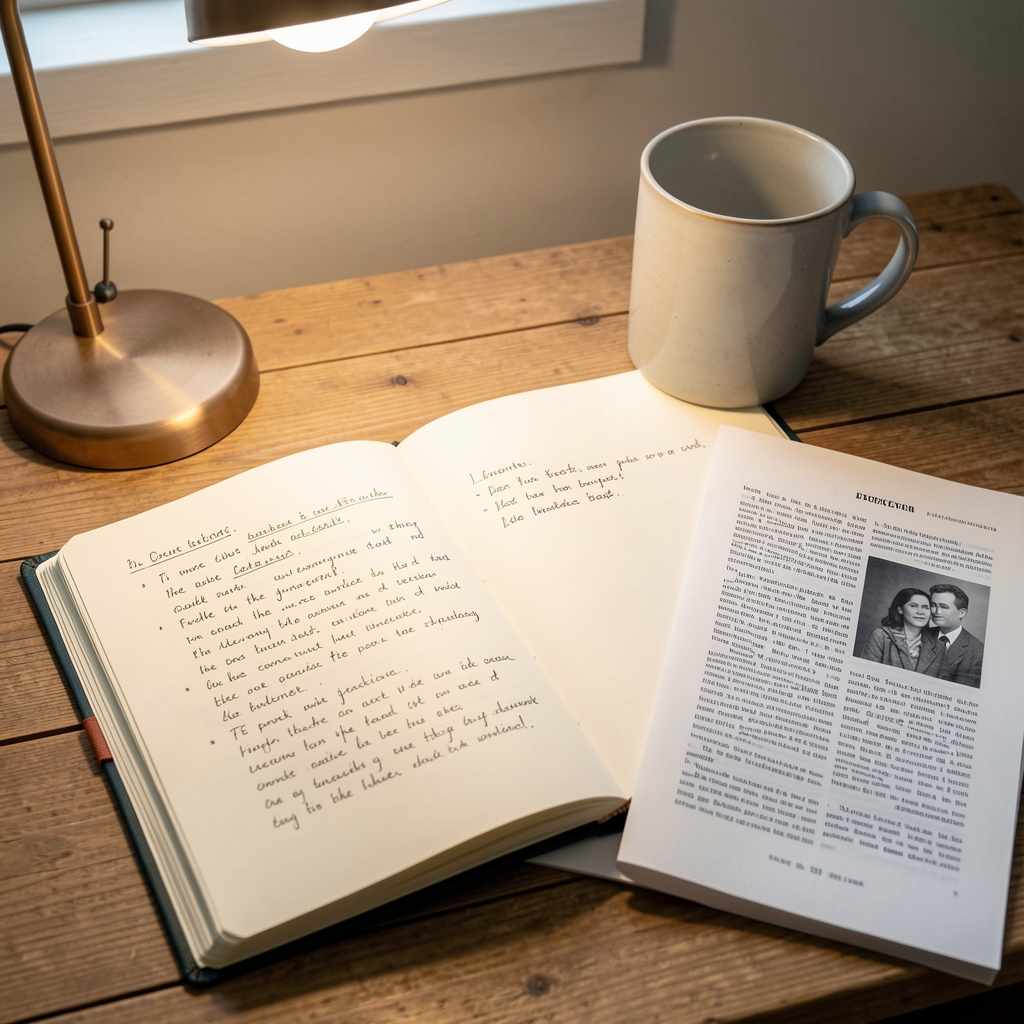 Open notebook with handwritten research notes beside a printed article and a mug, on a wooden surface under a reading lamp